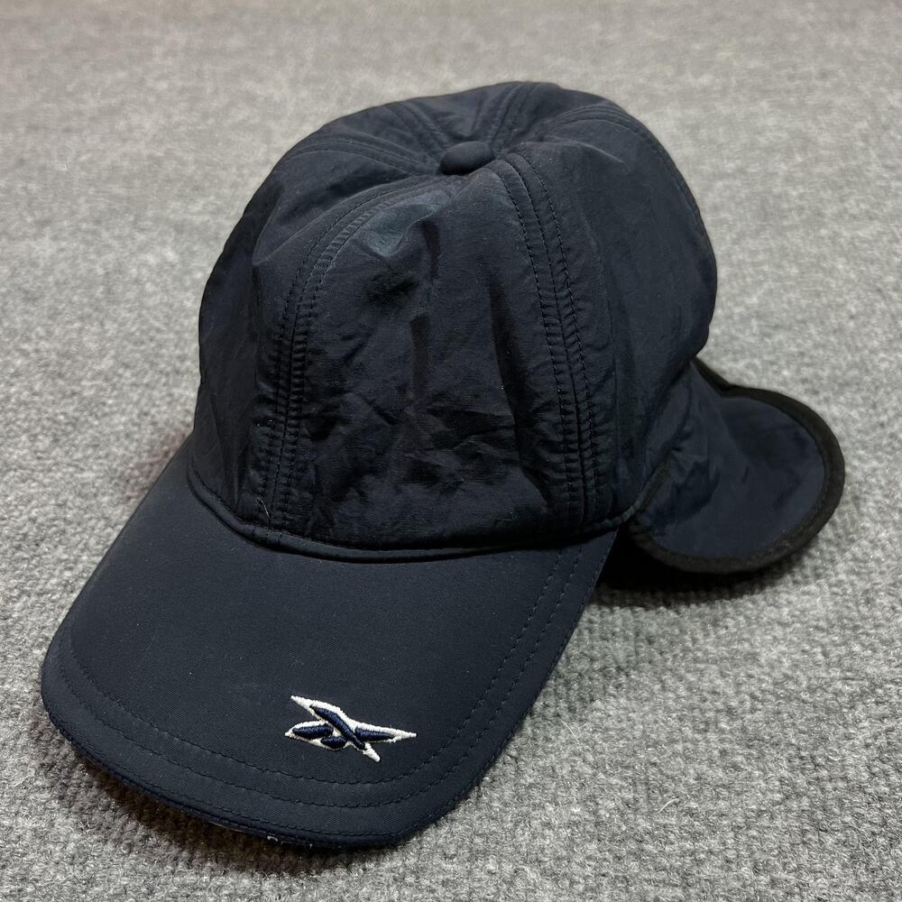 VTG Reebok Hat Cap Strap Back Adult Navy Blue Fleece Wool Ear Flap Winter Lined